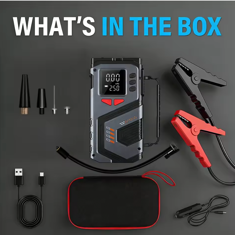 4-in-1 Portable Car Jump Starter | Jump Start, Tire Inflator, Power Bank & LED Light